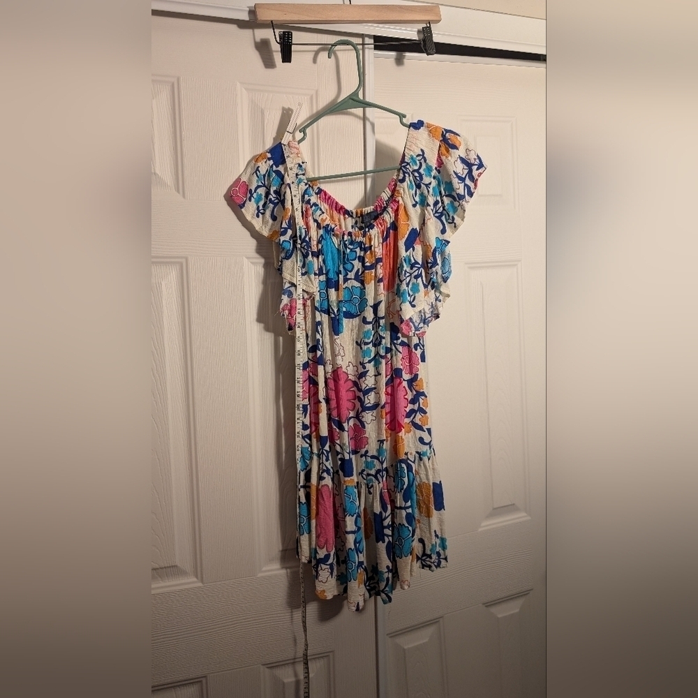Rachel Off Shoulder Midi Dress Blue Pink